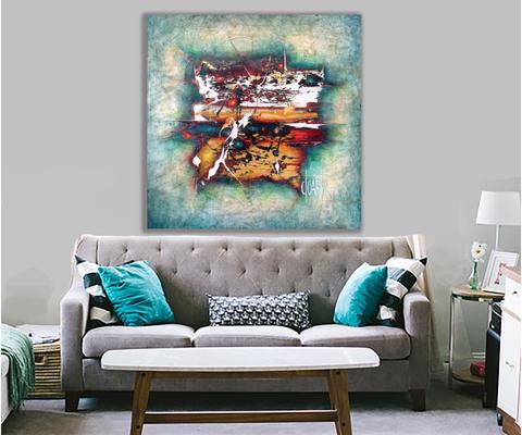 Turquoise, tableau de Philippe Cloart, présenté dans un intérieur (mise en situation)