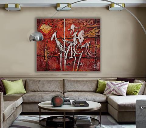 Don Quichotte, tableau de Philippe Cloart, présenté dans un intérieur (mise en situation)