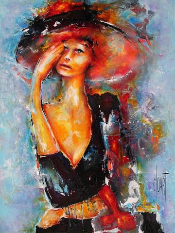 Femme au chapeau sac rouge, tableau de Philippe Cloart