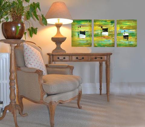 Nature (triptyque), tableau de Philippe Cloart, présenté dans un intérieur (mise en situation)